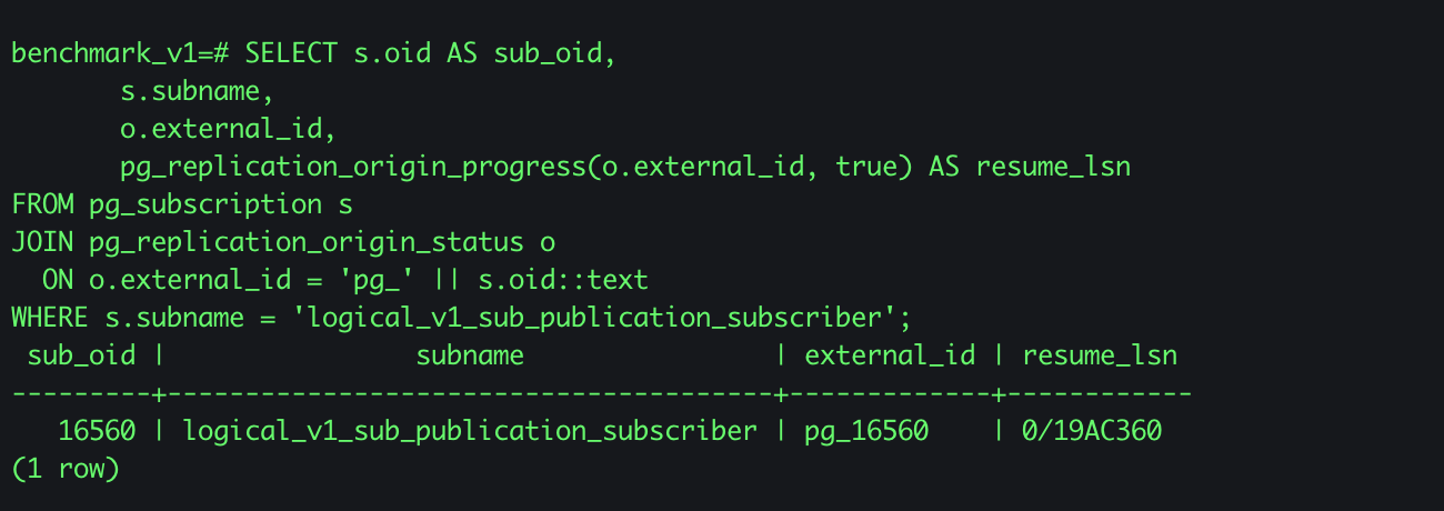 psql output showing resume_lsn captured for a subscription via pg_replication_origin_progress before the upgrade